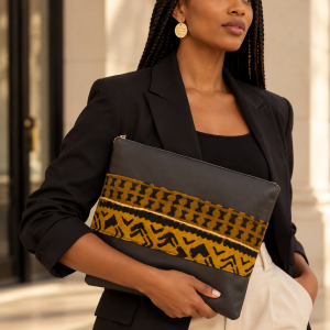 Pochette ordinateur bogolan et similicuir marron